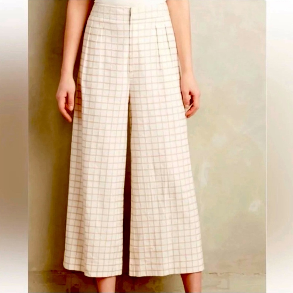 ANTHROPOLOGIE x Elevenses Ankle Pant Natural/Wht Windowpane Embroider Waist — 6